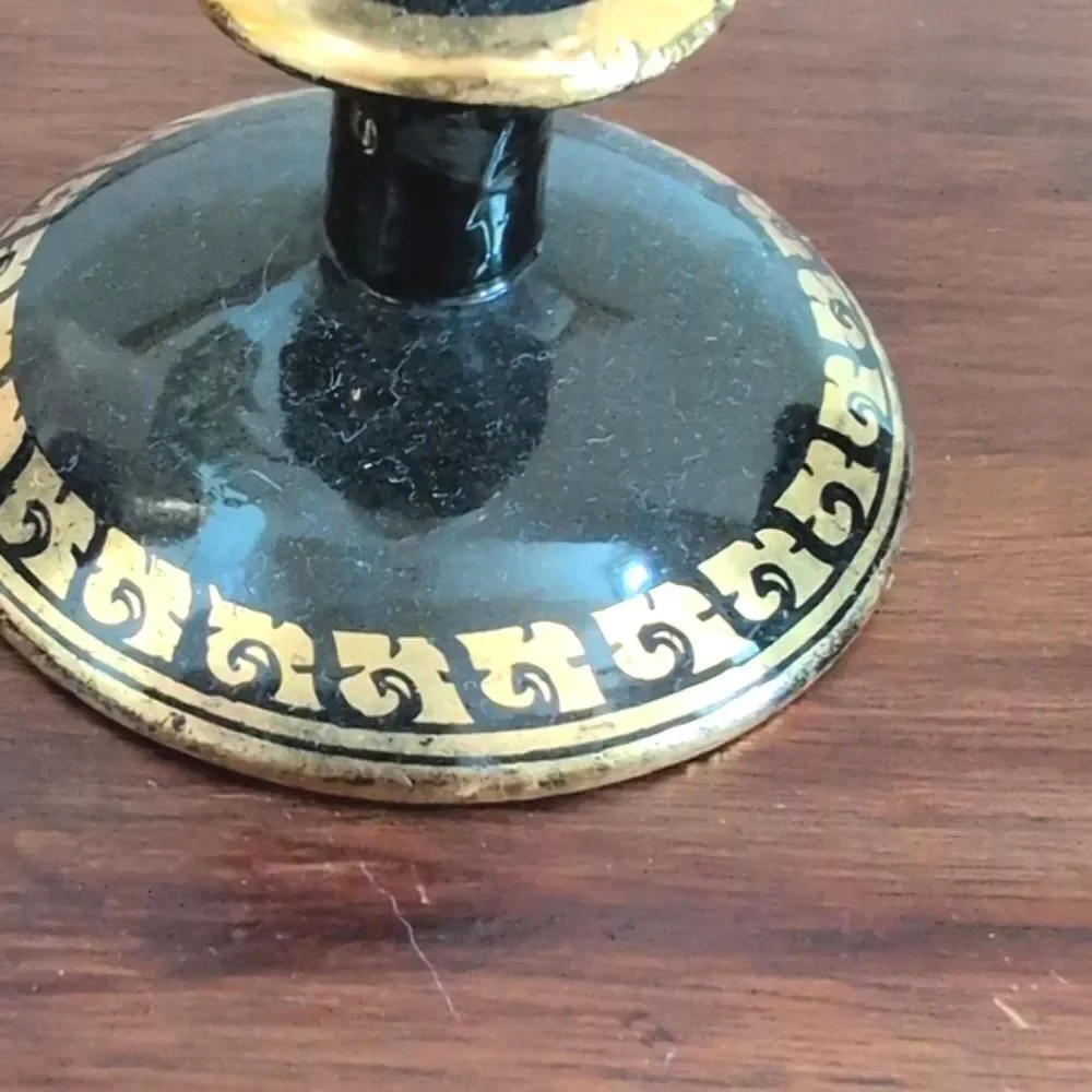 Elegant Black & Gold Hand Painted Khokhloma Russian Folk Art Candle Holders